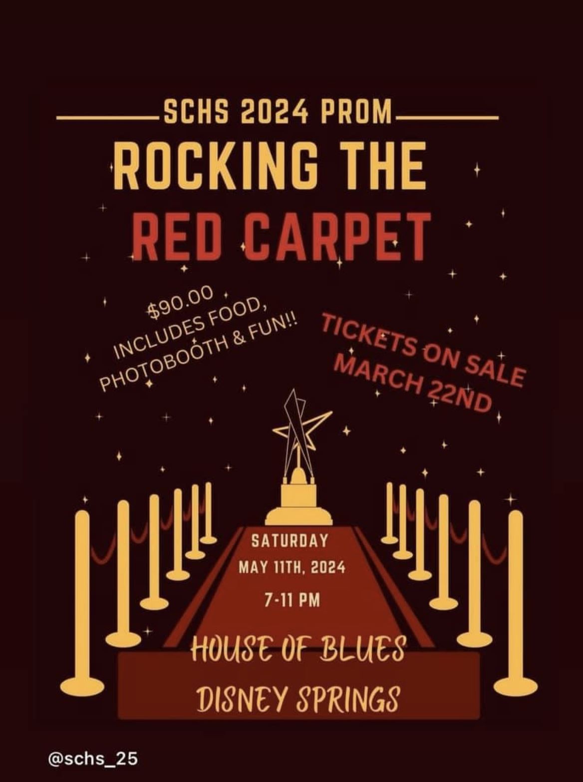  Flyer that says SCHS 2024 Prom - Rocking the Red Carpet