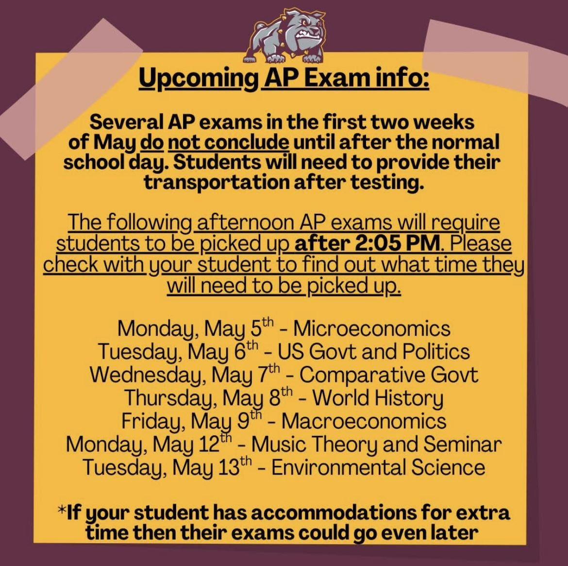  Flyer that says Upcoming AP Exam Info