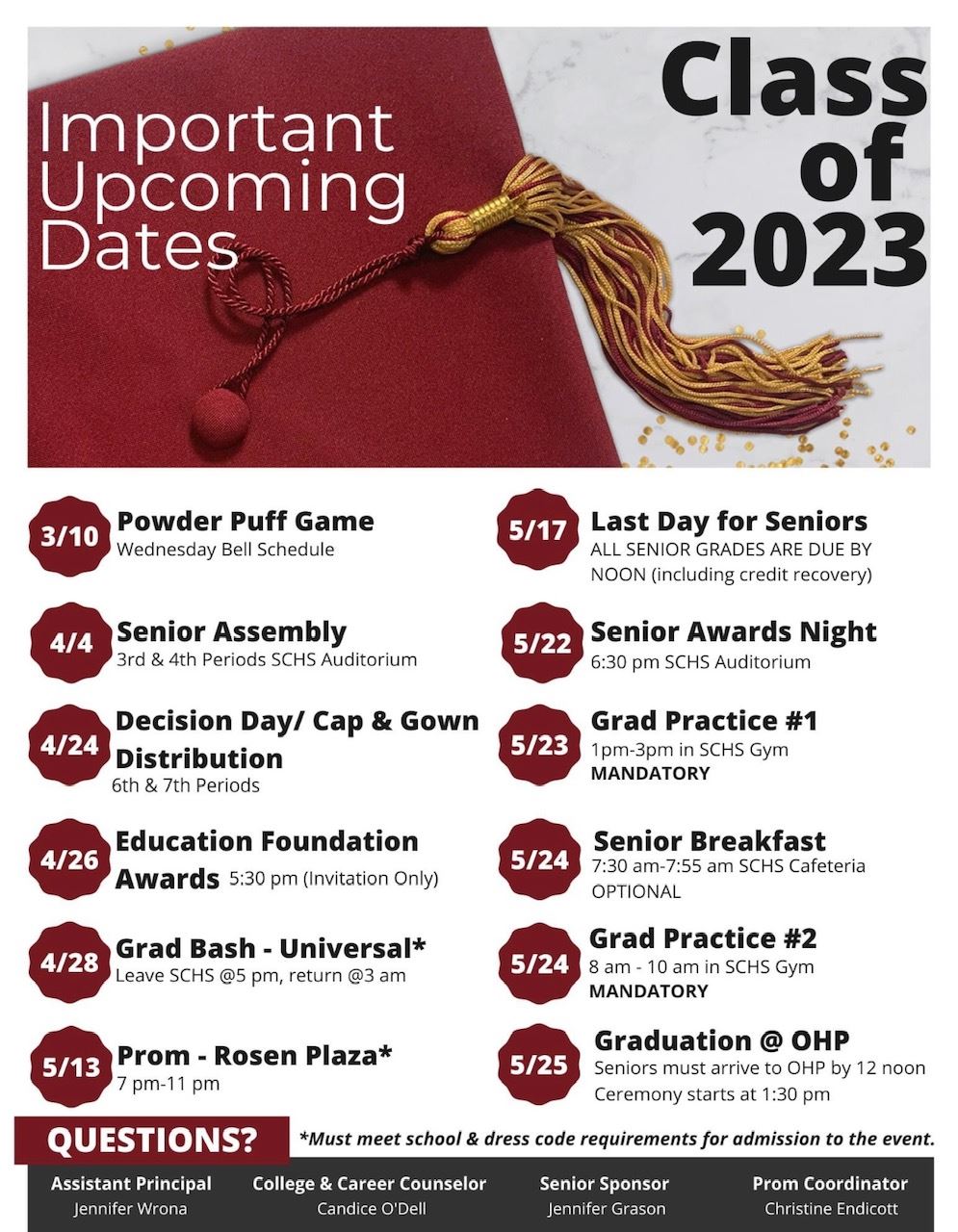  Flyer that says Important Upcoming Dates for Class of 2023