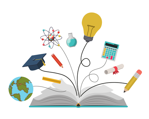 Open book with globe, graduation cap, atom, light bulb, calculator, and pencil coming out of it
